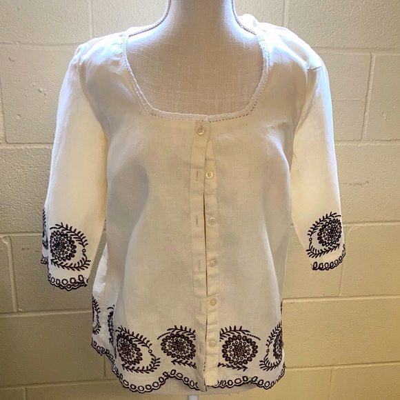 E.col.o.gie Ladies Embroidered Lace edged 100% Linen Button Down Blouse/Jacket - Picture 2 of 9